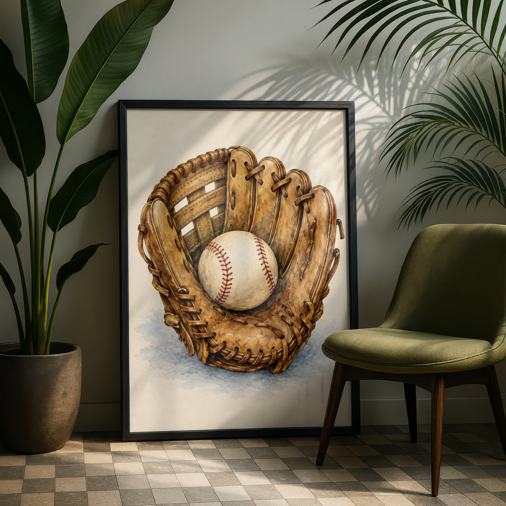 Vintage Baseball Glove Watercolour Poster, Baseball Wall Art, Sports Print, Boys Room