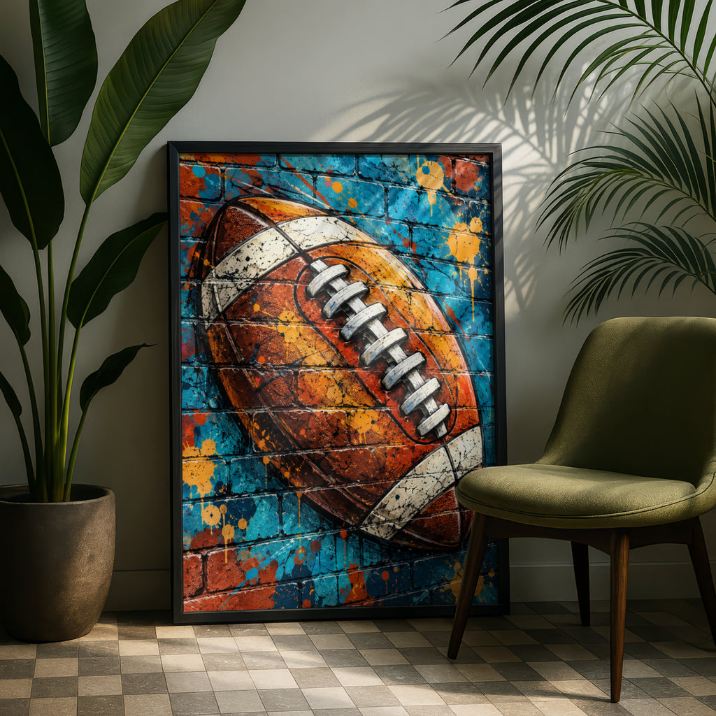 American Football Graffiti Art Poster, Blue Brick Wall Street Art Print, Sports Fan Gift, Man Cave