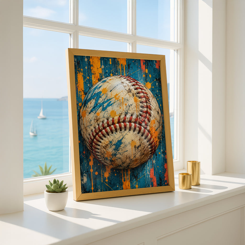 Baseball Wall Art, Grunge Sports Poster, Teal and Orange Paint Splatter, Boys Room Decor, Man Cave