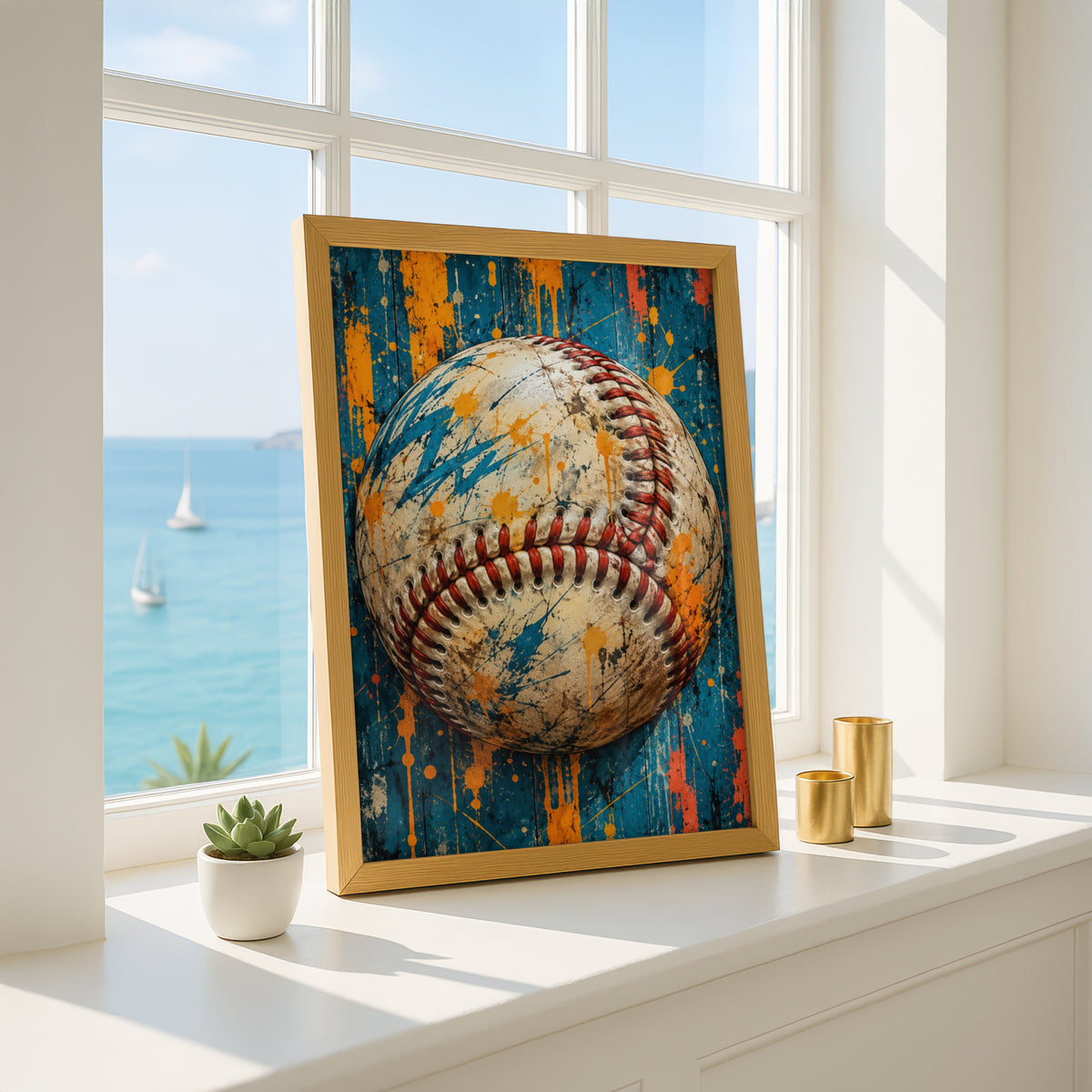 Baseball Wall Art, Grunge Sports Poster, Teal and Orange Paint Splatter, Boys Room Decor, Man Cave