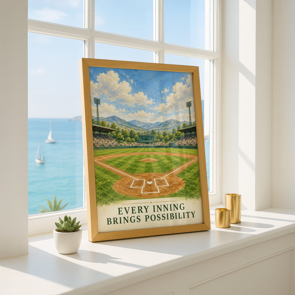 Baseball Field Watercolour Poster, Every Inning Brings Possibility Quote, Sports Wall Art