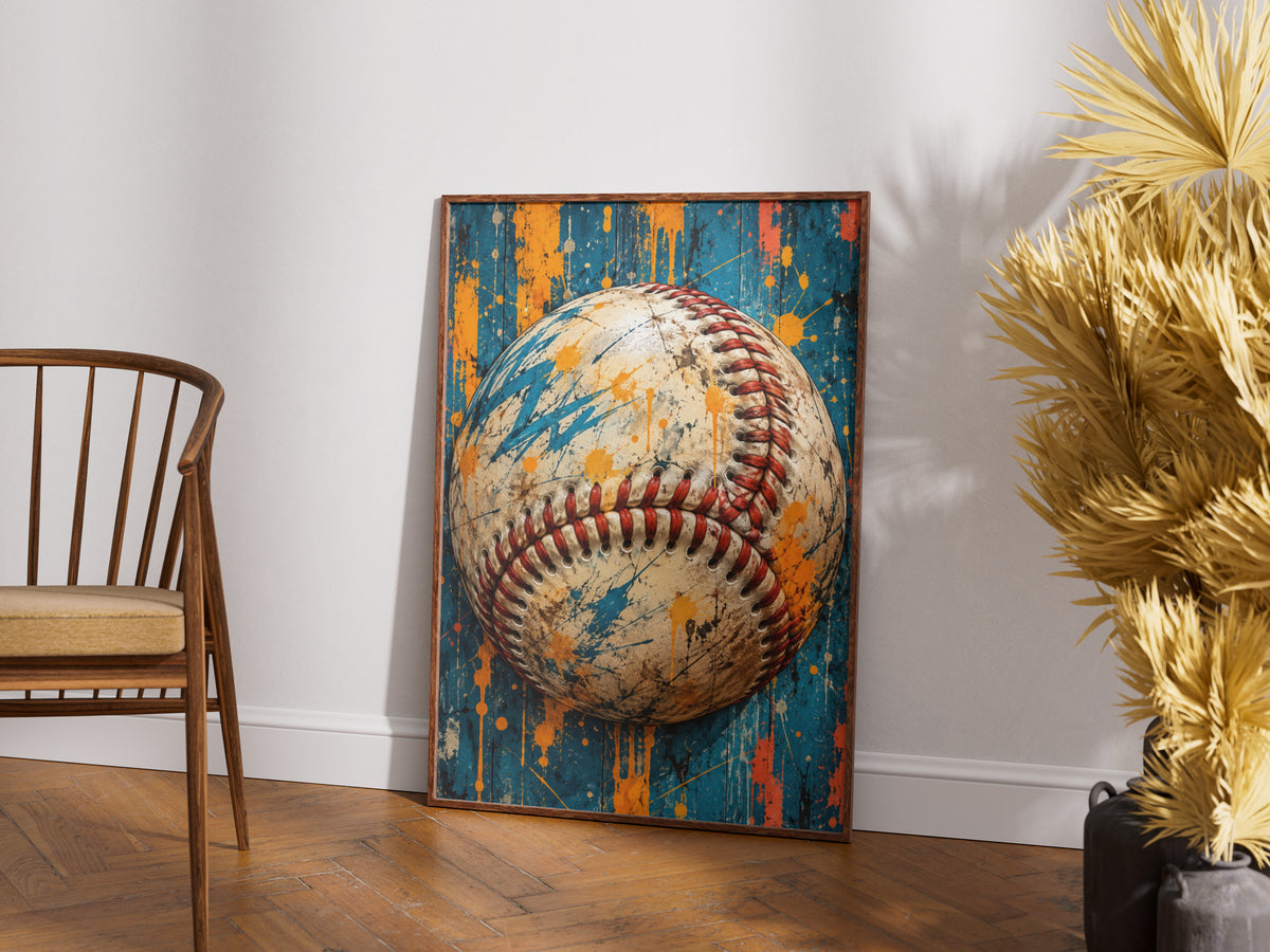 Baseball Wall Art, Grunge Sports Poster, Teal and Orange Paint Splatter, Boys Room Decor, Man Cave