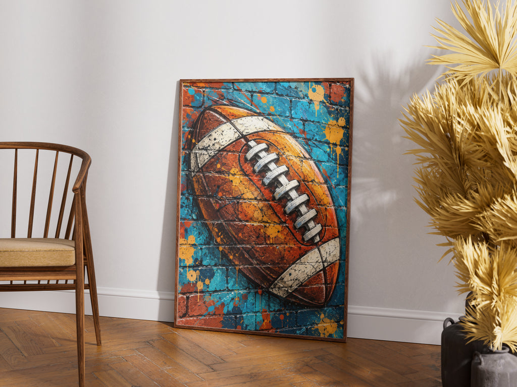 American Football Graffiti Art Poster, Blue Brick Wall Street Art Print, Sports Fan Gift, Man Cave