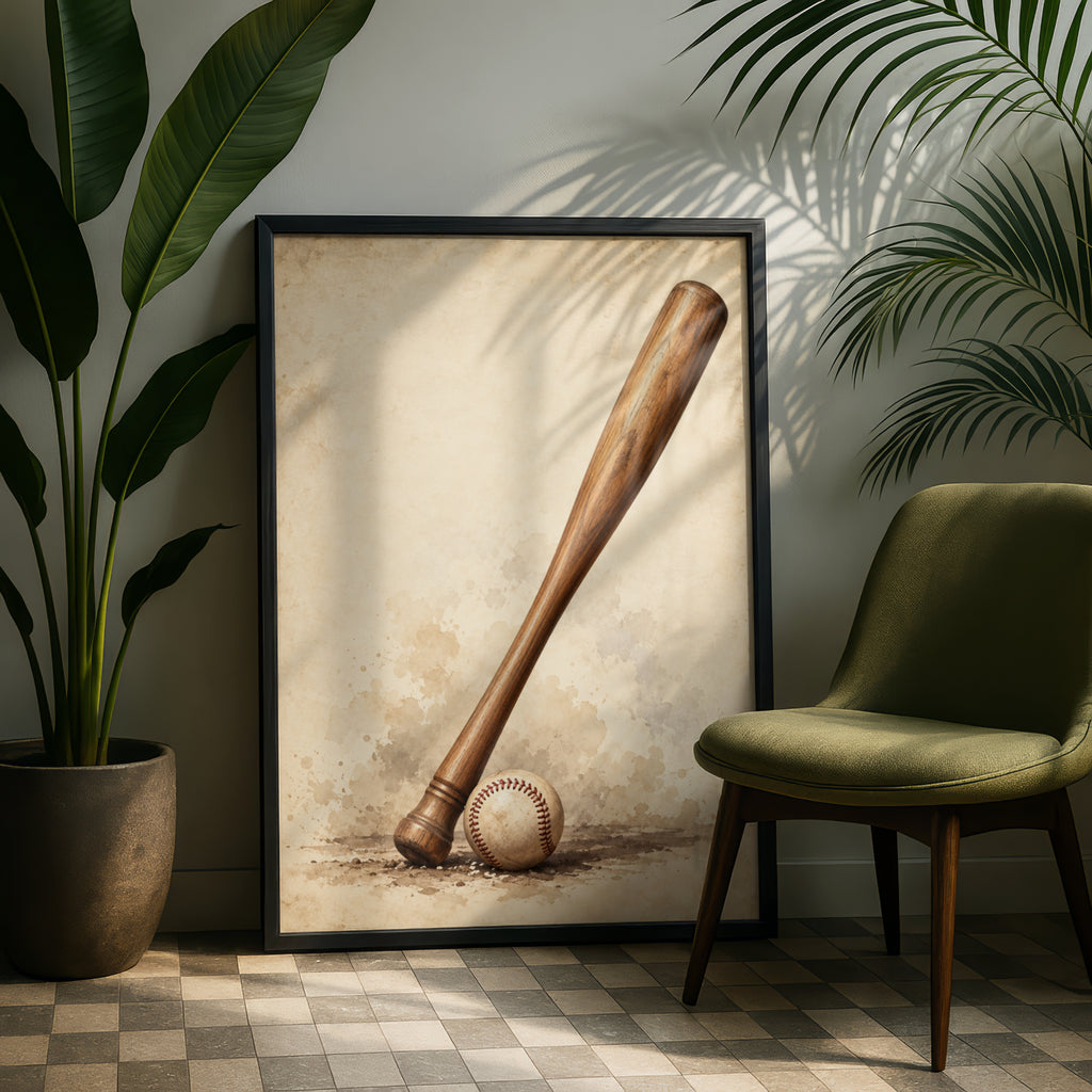 Vintage Baseball Bat and Ball Poster, Sepia Sports Wall Art, Retro Baseball Print for Man Cave