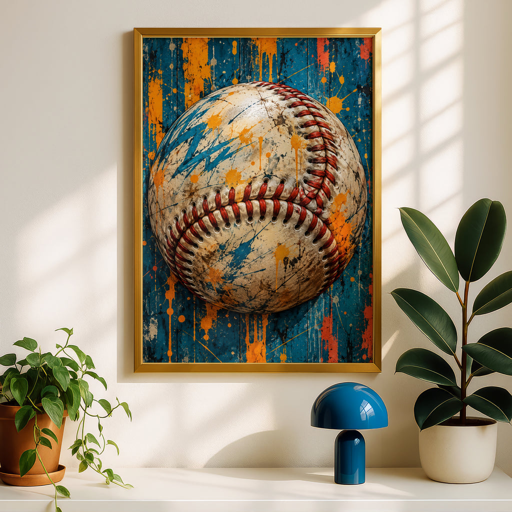 Baseball Wall Art, Grunge Sports Poster, Teal and Orange Paint Splatter, Boys Room Decor, Man Cave