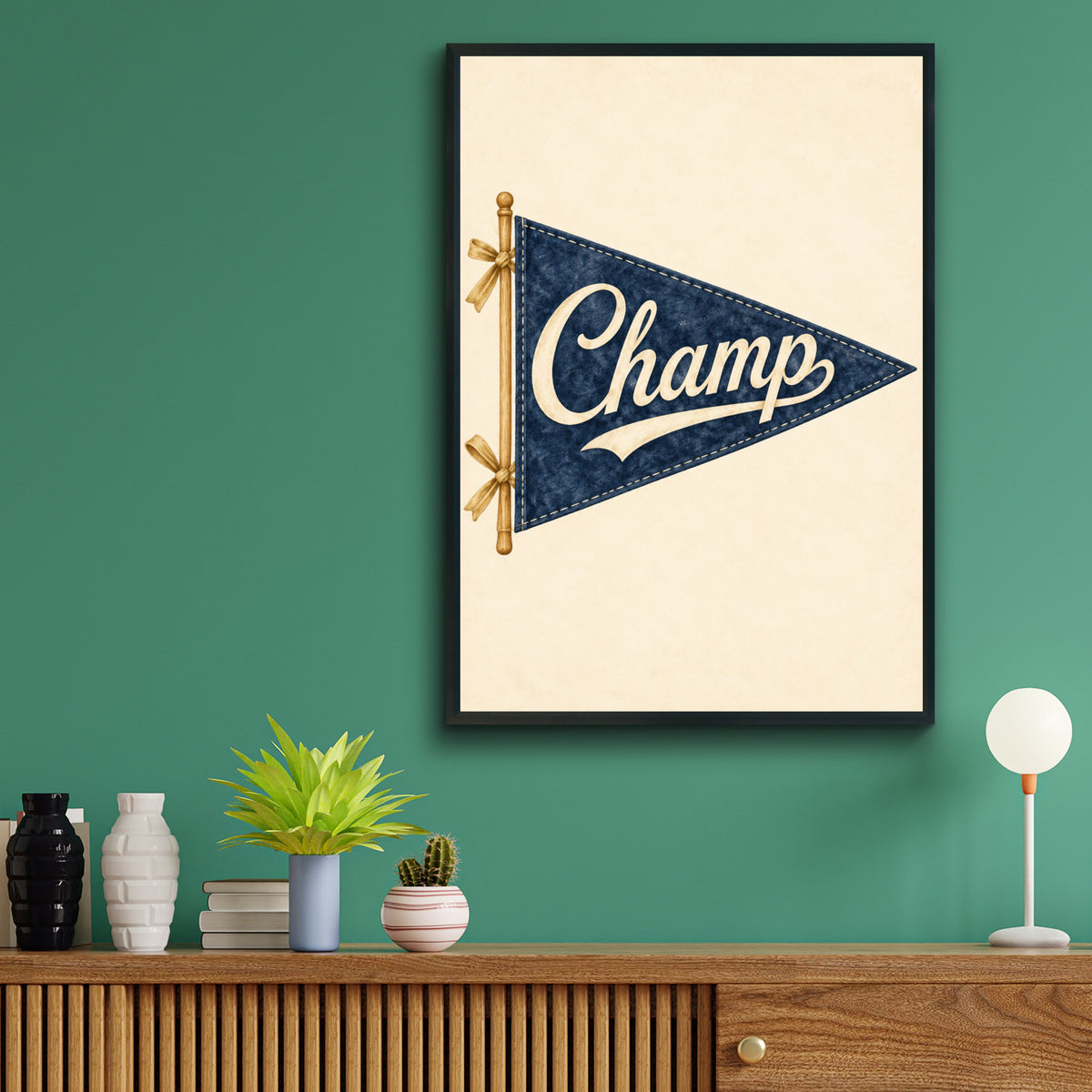 Vintage Champ Pennant Flag Wall Art, Navy Blue Retro Nursery Print, Sports Poster, Boys Bedroom