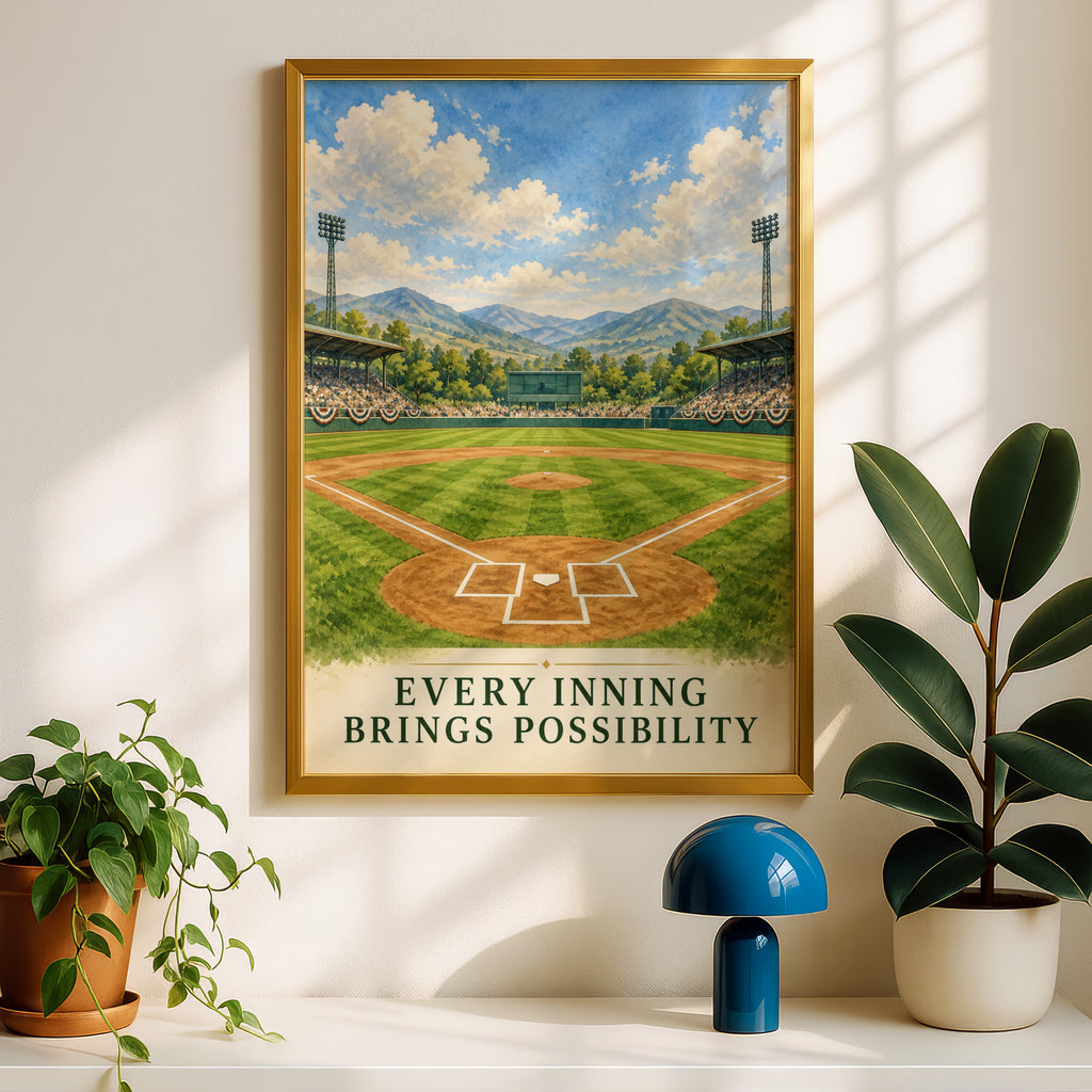 Baseball Field Watercolour Poster, Every Inning Brings Possibility Quote, Sports Wall Art
