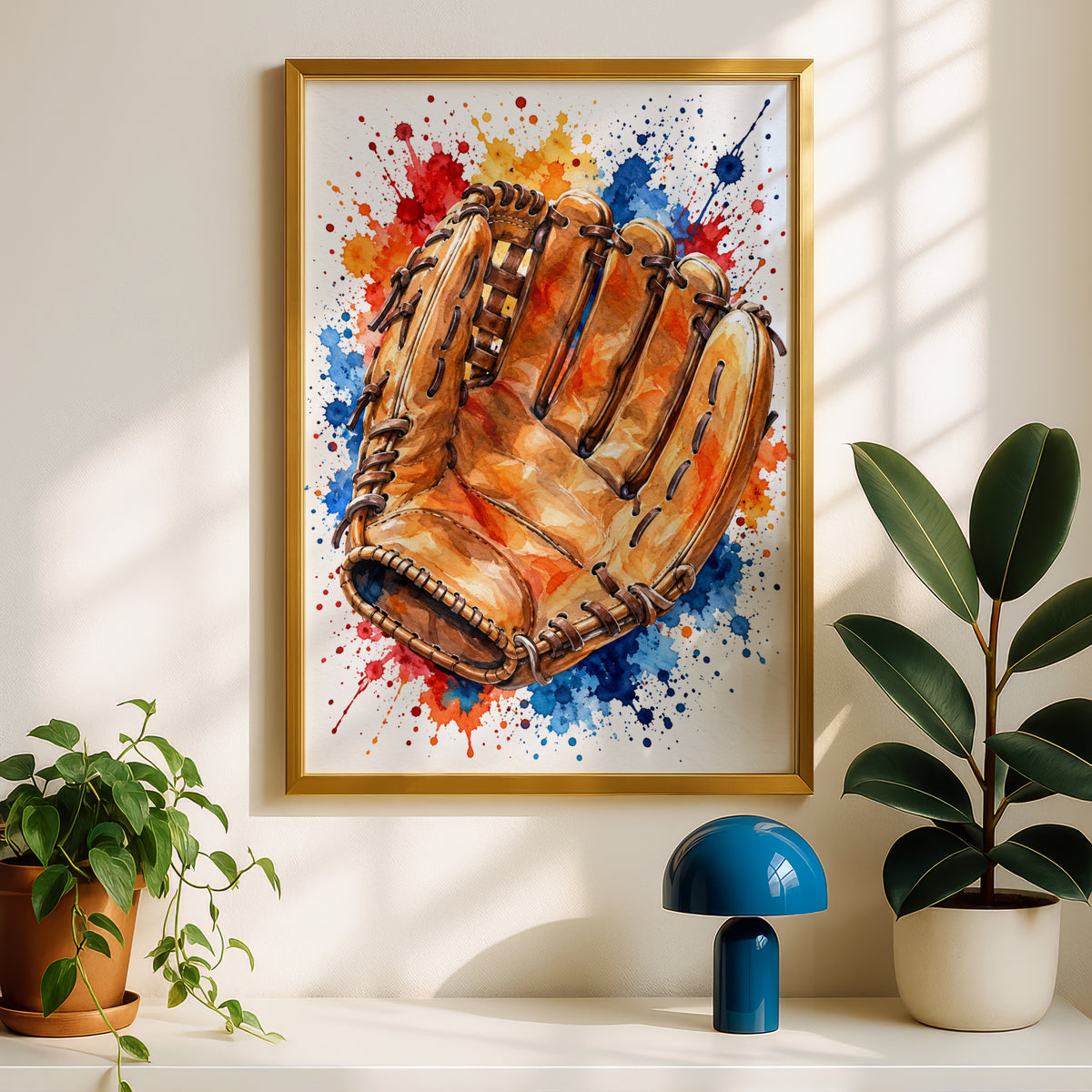 Baseball Glove Watercolour Poster, Sports Wall Art, Colourful Paint Splash Print, Boys Bedroom Decor