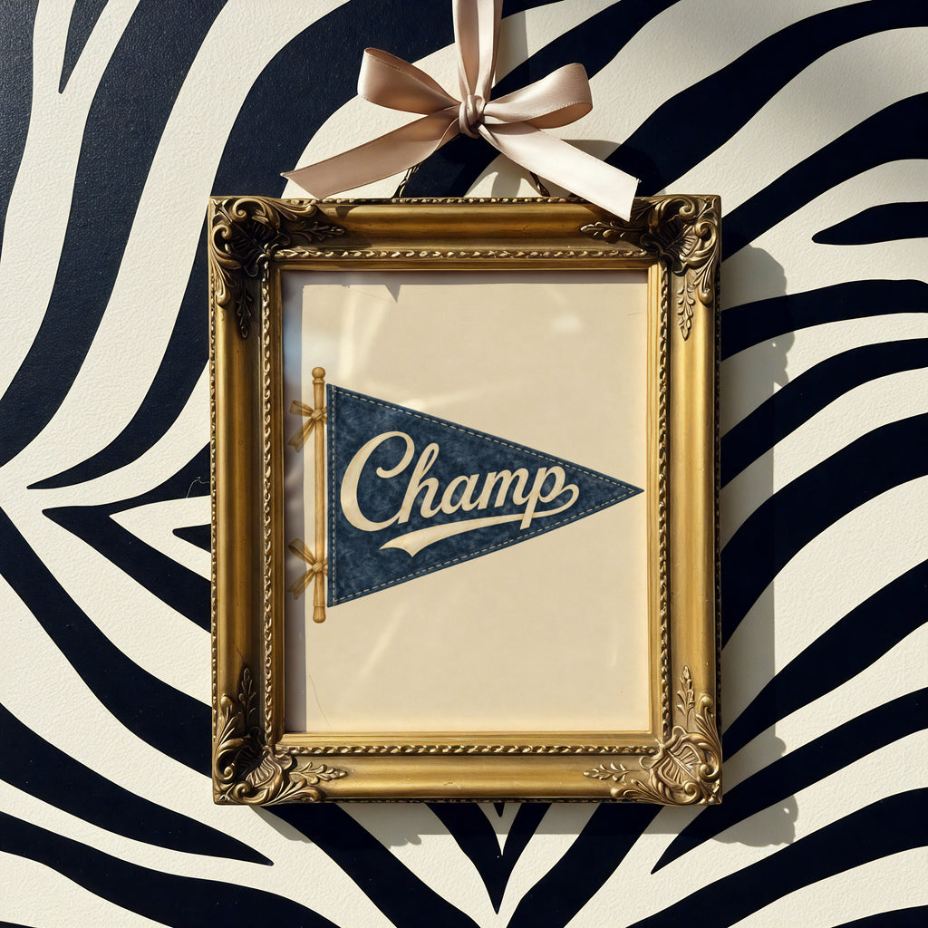 Vintage Champ Pennant Flag Wall Art, Navy Blue Retro Nursery Print, Sports Poster, Boys Bedroom