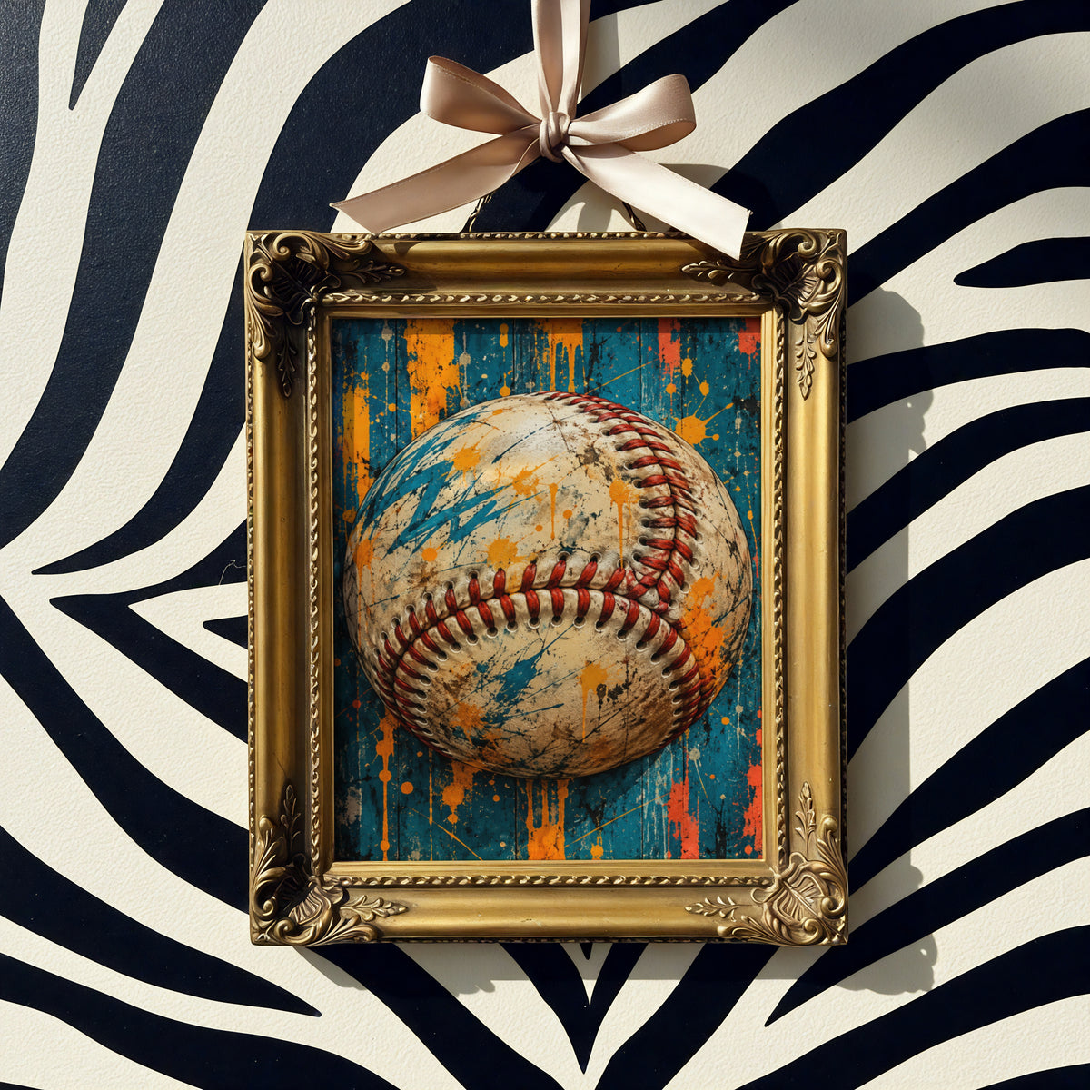 Baseball Wall Art, Grunge Sports Poster, Teal and Orange Paint Splatter, Boys Room Decor, Man Cave
