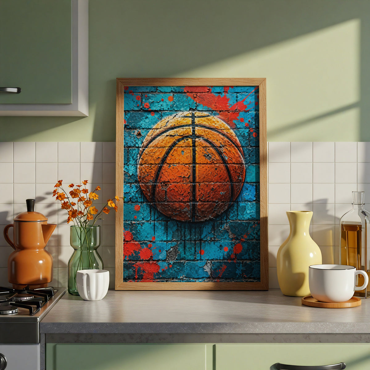 Basketball Graffiti Wall Art Poster, Turquoise Brick Mural Print, Street Art Sports Room Decor