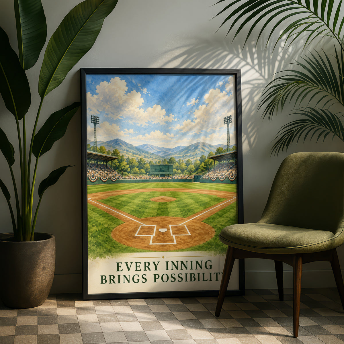 Baseball Field Watercolour Poster, Every Inning Brings Possibility Quote, Sports Wall Art