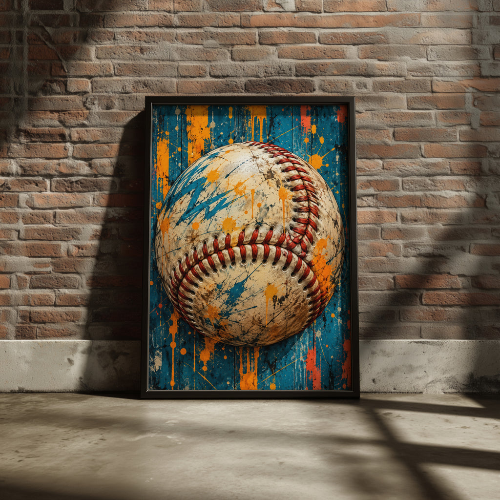 Baseball Wall Art, Grunge Sports Poster, Teal and Orange Paint Splatter, Boys Room Decor, Man Cave
