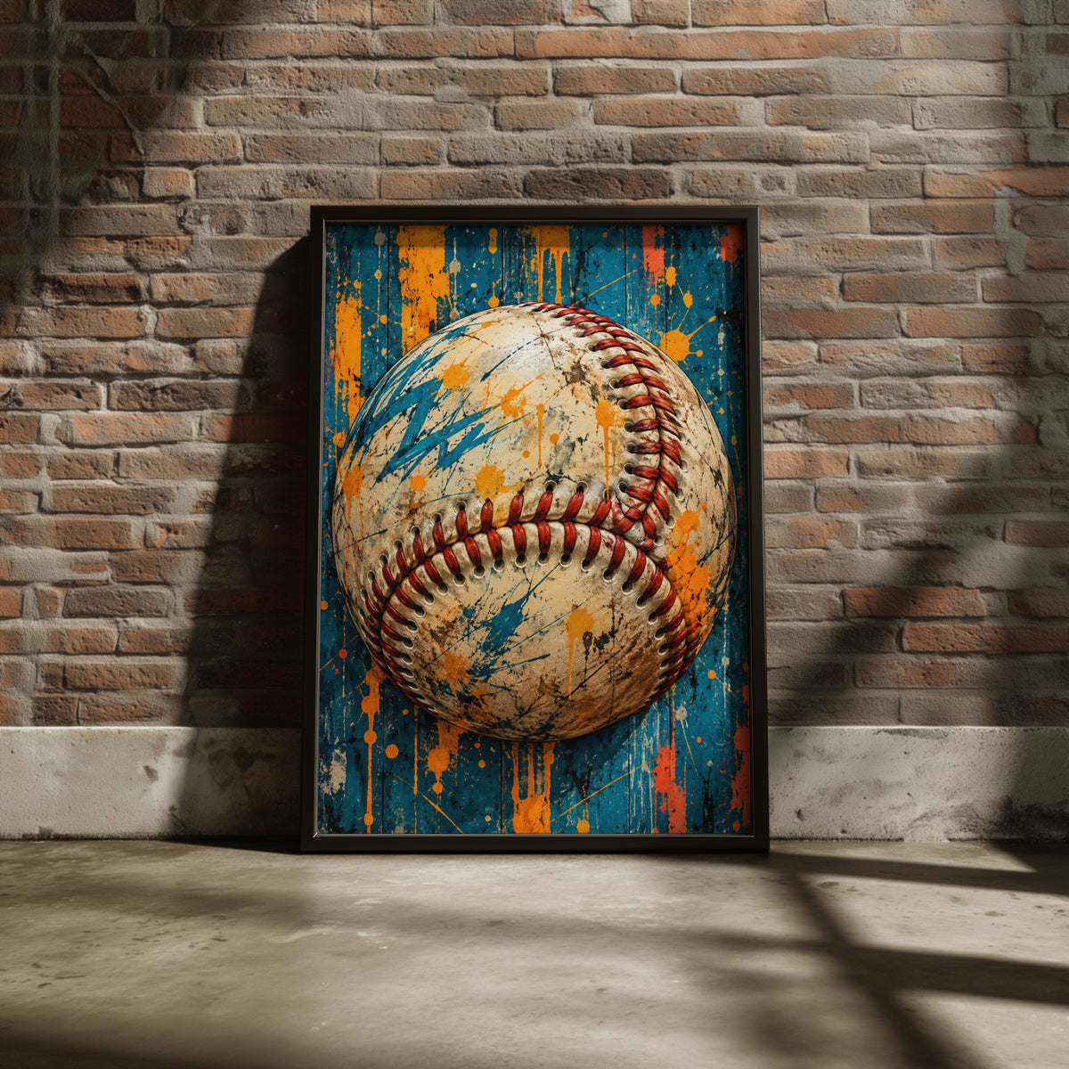 Baseball Wall Art, Grunge Sports Poster, Teal and Orange Paint Splatter, Boys Room Decor, Man Cave