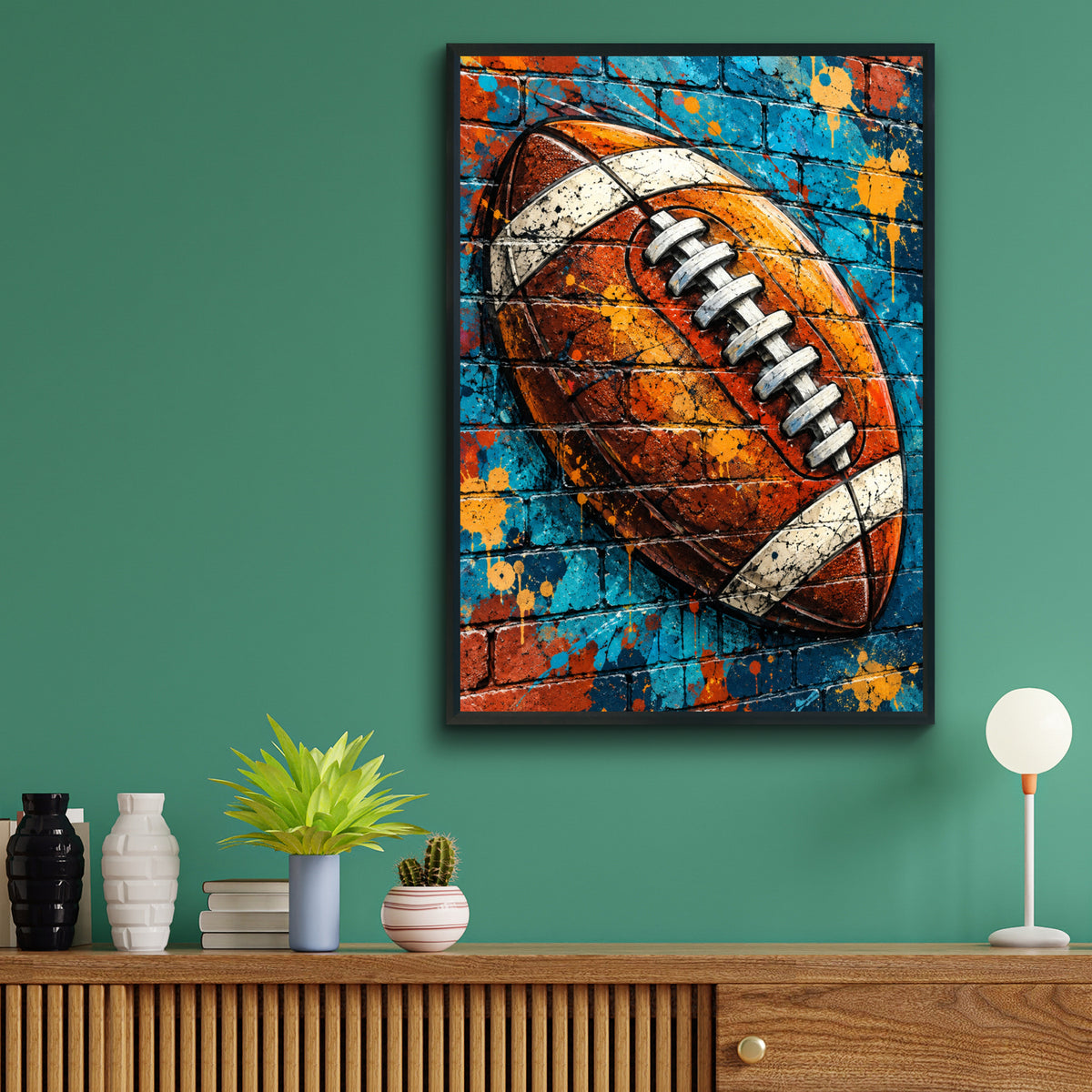 American Football Graffiti Art Poster, Blue Brick Wall Street Art Print, Sports Fan Gift, Man Cave