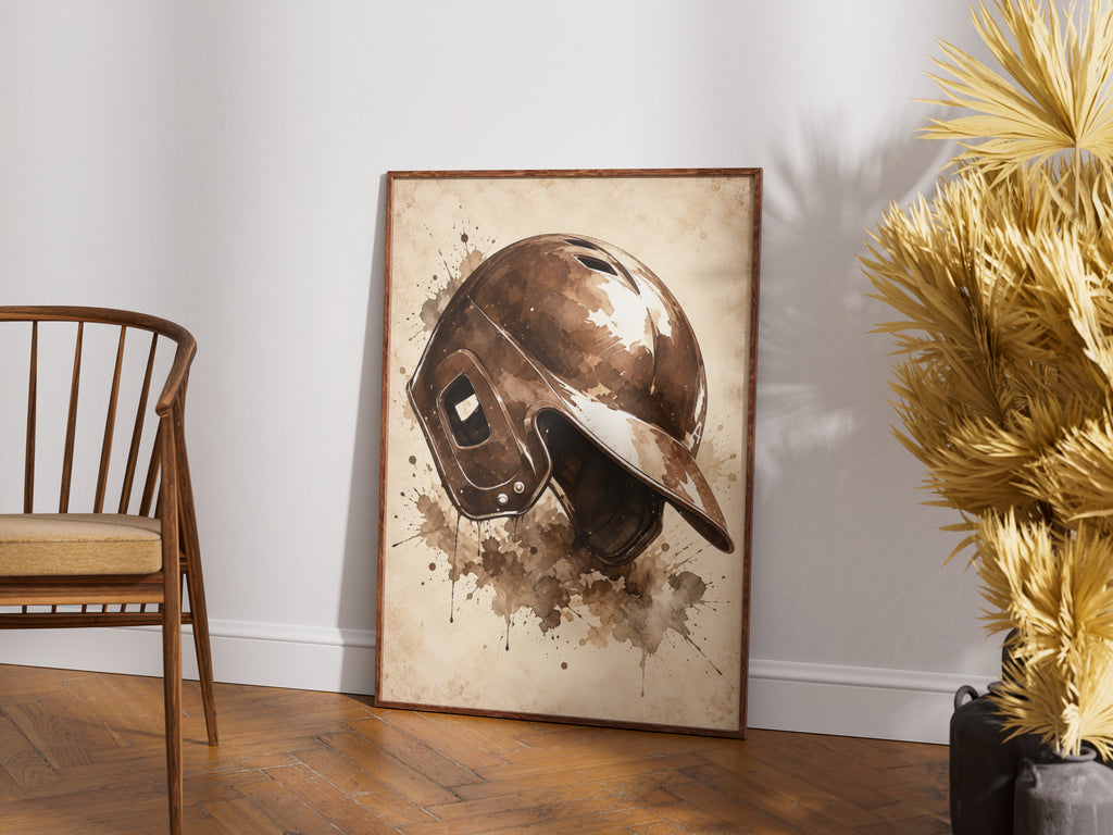 Vintage Baseball Helmet Poster, Sepia Watercolour Sports Wall Art, Rustic Baseball Fan Gift Print