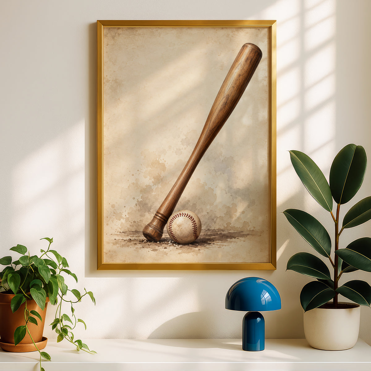 Vintage Baseball Bat and Ball Poster, Sepia Sports Wall Art, Retro Baseball Print for Man Cave