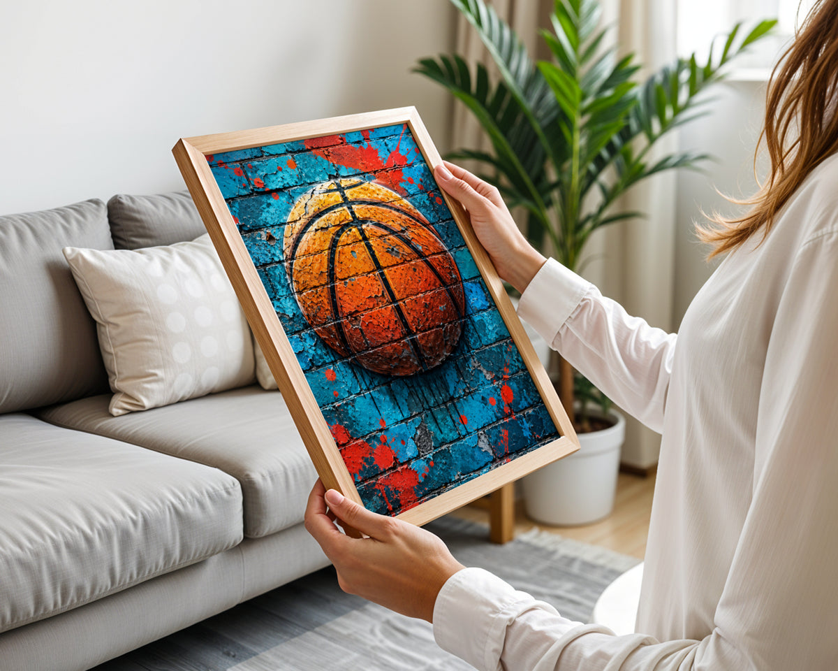 Basketball Graffiti Wall Art Poster, Turquoise Brick Mural Print, Street Art Sports Room Decor