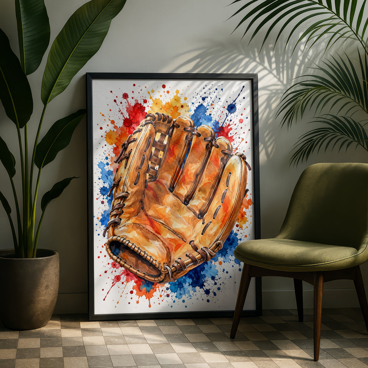 Baseball Glove Watercolour Poster, Sports Wall Art, Colourful Paint Splash Print, Boys Bedroom Decor