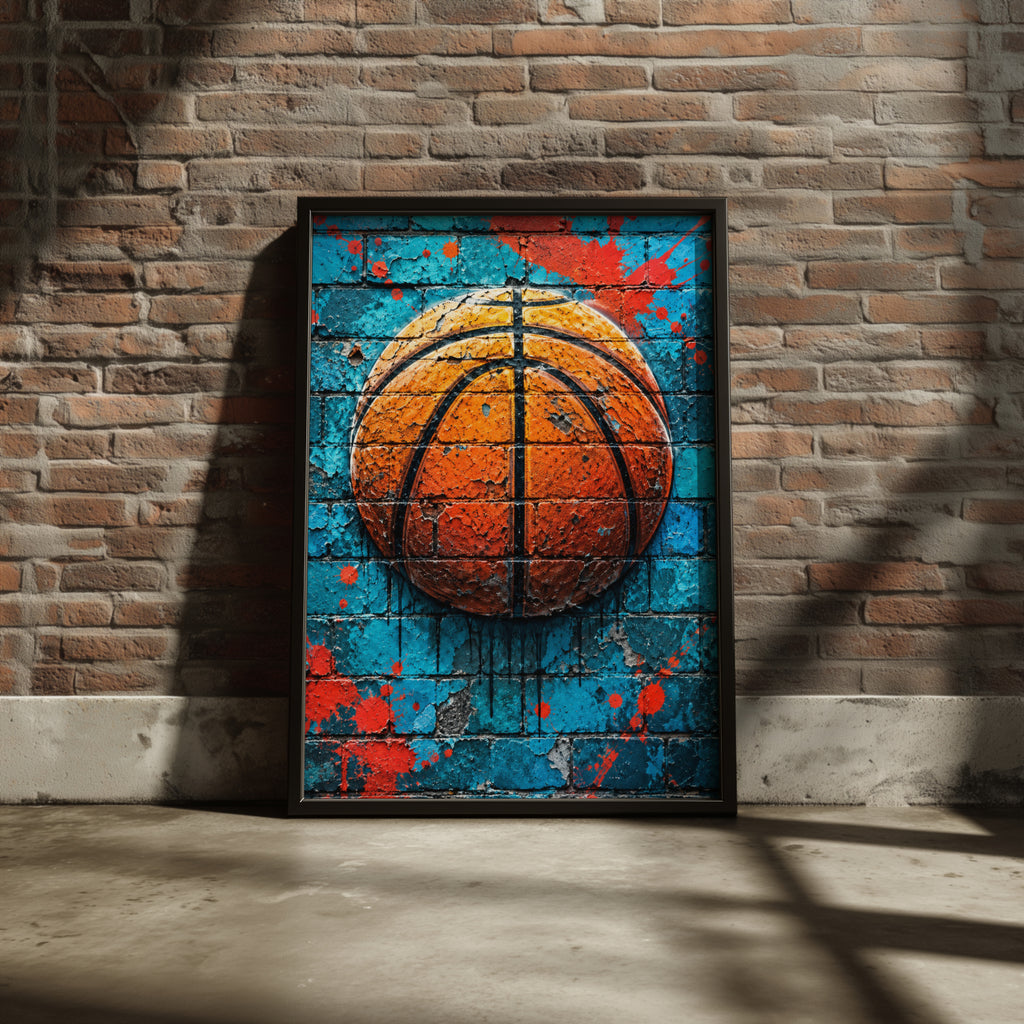 Basketball Graffiti Wall Art Poster, Turquoise Brick Mural Print, Street Art Sports Room Decor