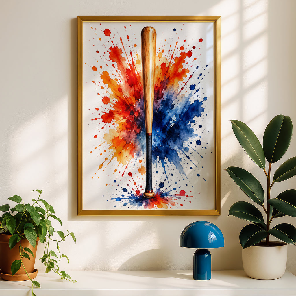 Baseball Bat Watercolour Splash Poster, Sports Wall Art, Red Orange Blue Paint Splatter Print