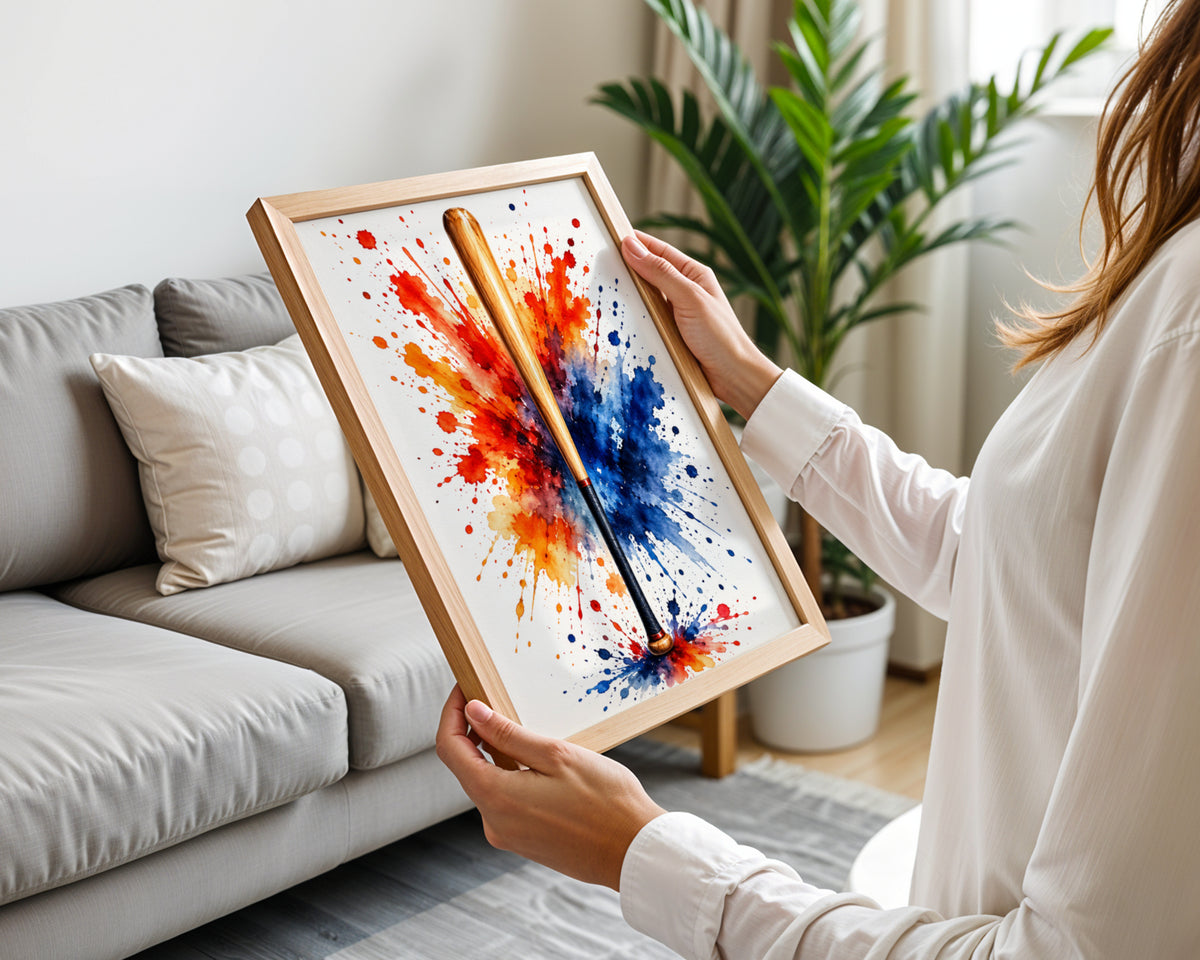 Baseball Bat Watercolour Splash Poster, Sports Wall Art, Red Orange Blue Paint Splatter Print