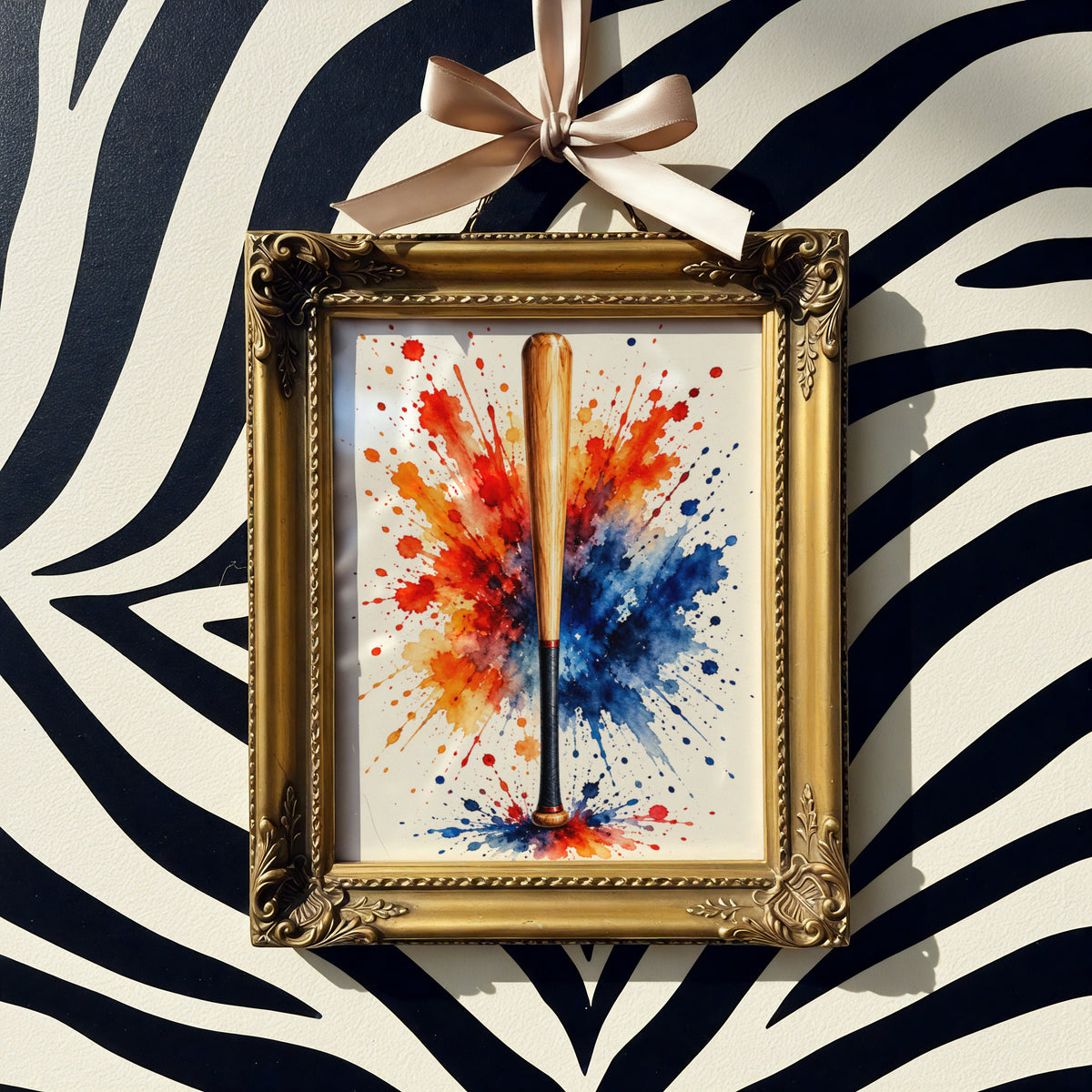 Baseball Bat Watercolour Splash Poster, Sports Wall Art, Red Orange Blue Paint Splatter Print
