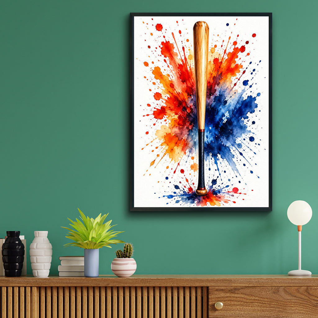 Baseball Bat Watercolour Splash Poster, Sports Wall Art, Red Orange Blue Paint Splatter Print