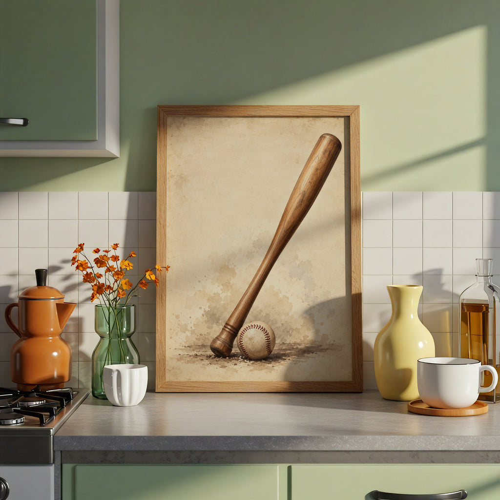 Vintage Baseball Bat and Ball Poster, Sepia Sports Wall Art, Retro Baseball Print for Man Cave