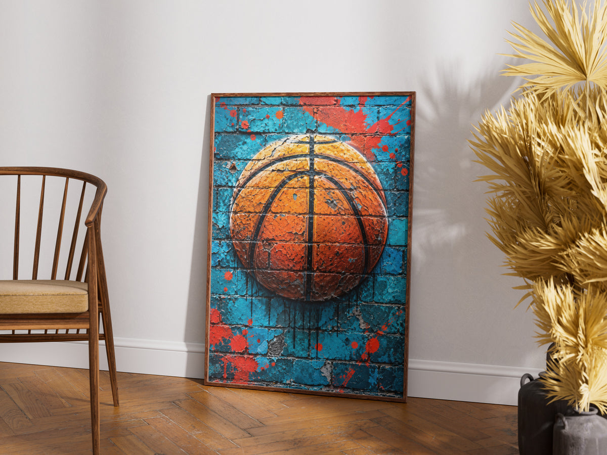 Basketball Graffiti Wall Art Poster, Turquoise Brick Mural Print, Street Art Sports Room Decor