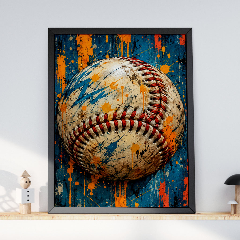 Baseball Wall Art, Grunge Sports Poster, Teal and Orange Paint Splatter, Boys Room Decor, Man Cave