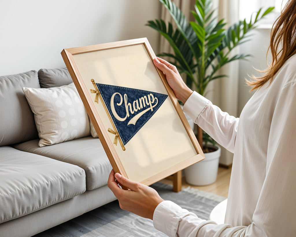 Vintage Champ Pennant Flag Wall Art, Navy Blue Retro Nursery Print, Sports Poster, Boys Bedroom