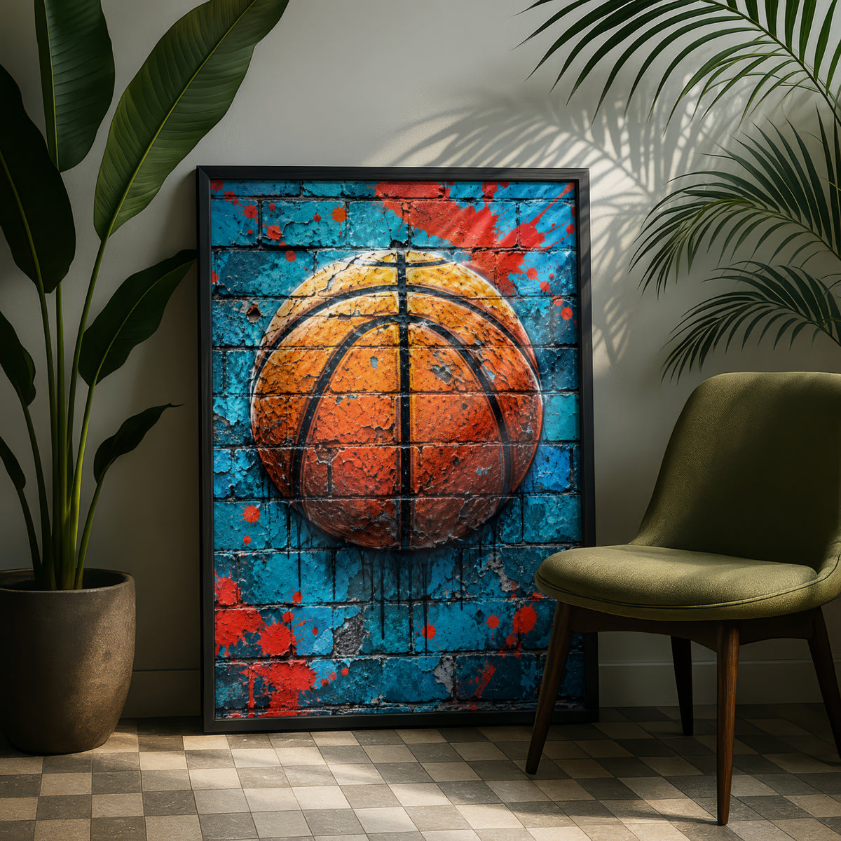 Basketball Graffiti Wall Art Poster, Turquoise Brick Mural Print, Street Art Sports Room Decor