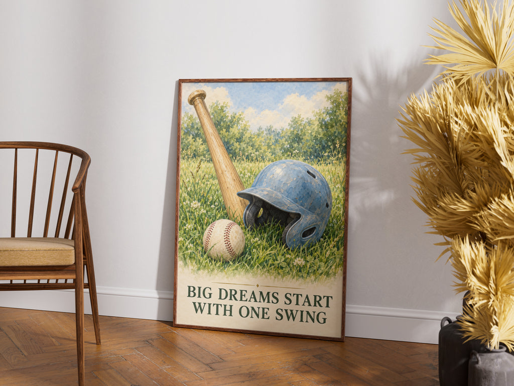 Baseball Wall Art Print, Big Dreams Start With One Swing, Vintage Watercolour Poster, Boys Bedroom