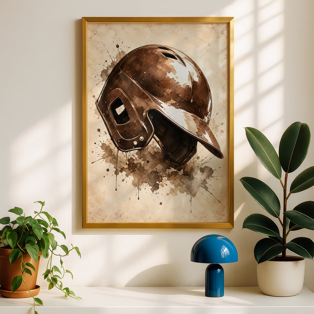 Vintage Baseball Helmet Poster, Sepia Watercolour Sports Wall Art, Rustic Baseball Fan Gift Print