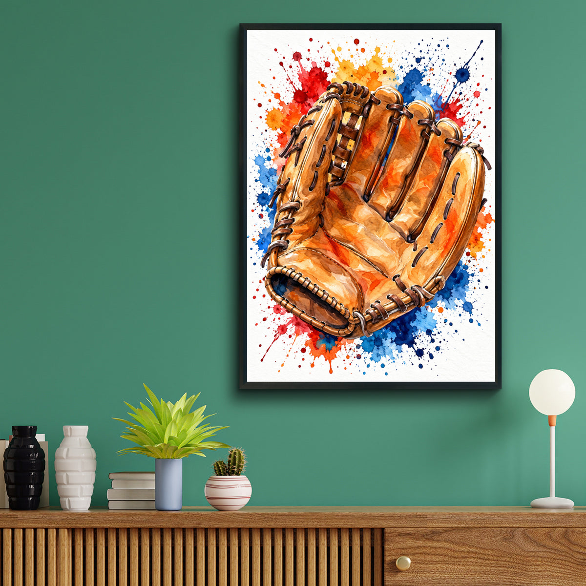 Baseball Glove Watercolour Poster, Sports Wall Art, Colourful Paint Splash Print, Boys Bedroom Decor