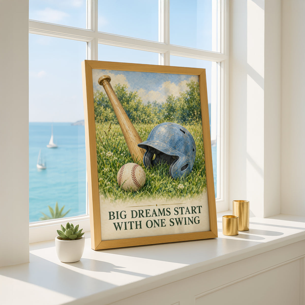 Baseball Wall Art Print, Big Dreams Start With One Swing, Vintage Watercolour Poster, Boys Bedroom