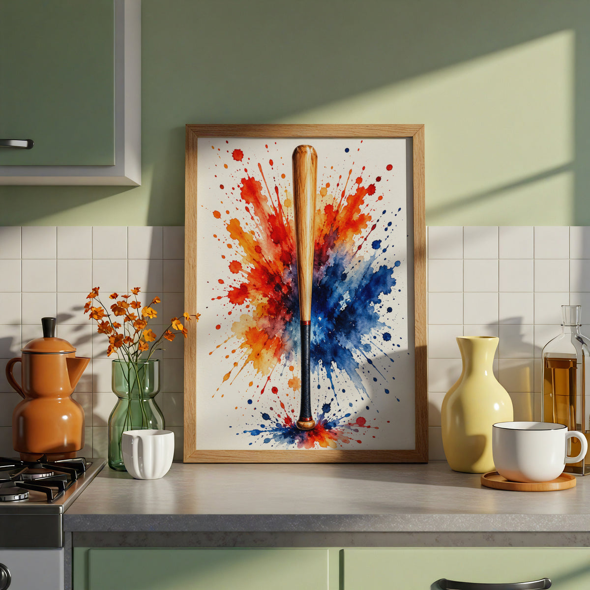 Baseball Bat Watercolour Splash Poster, Sports Wall Art, Red Orange Blue Paint Splatter Print