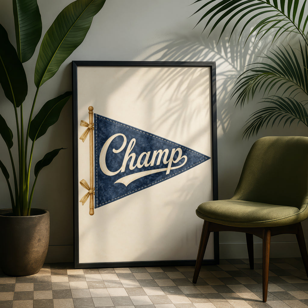 Vintage Champ Pennant Flag Wall Art, Navy Blue Retro Nursery Print, Sports Poster, Boys Bedroom