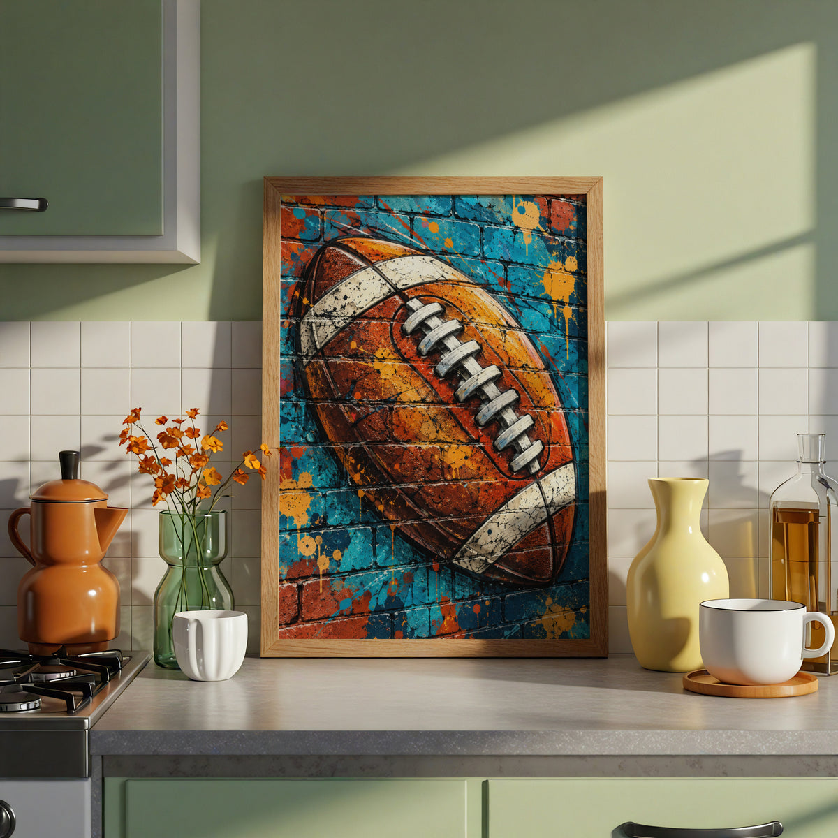 American Football Graffiti Art Poster, Blue Brick Wall Street Art Print, Sports Fan Gift, Man Cave