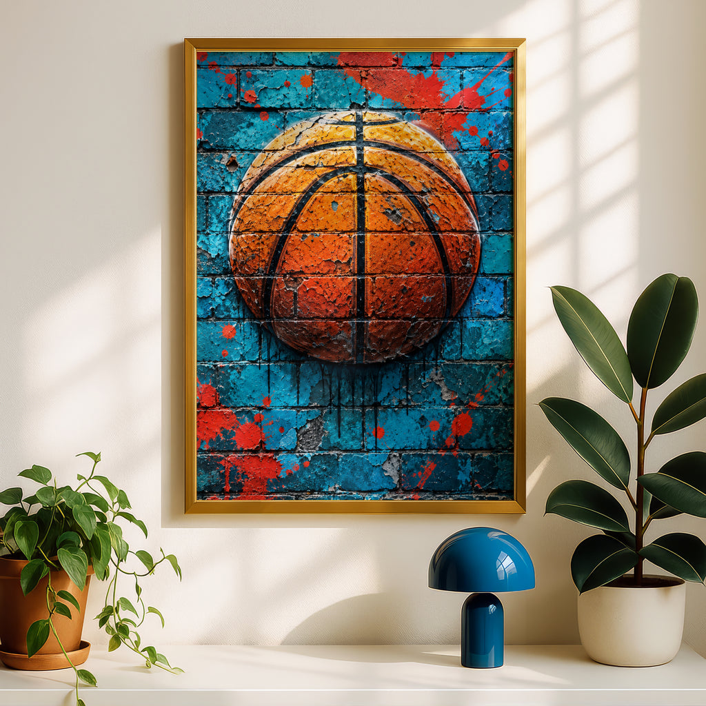 Basketball Graffiti Wall Art Poster, Turquoise Brick Mural Print, Street Art Sports Room Decor