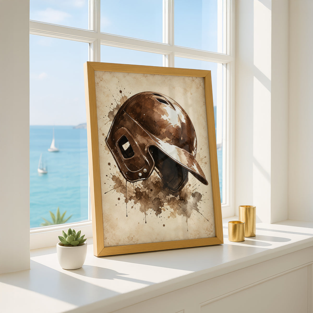 Vintage Baseball Helmet Poster, Sepia Watercolour Sports Wall Art, Rustic Baseball Fan Gift Print