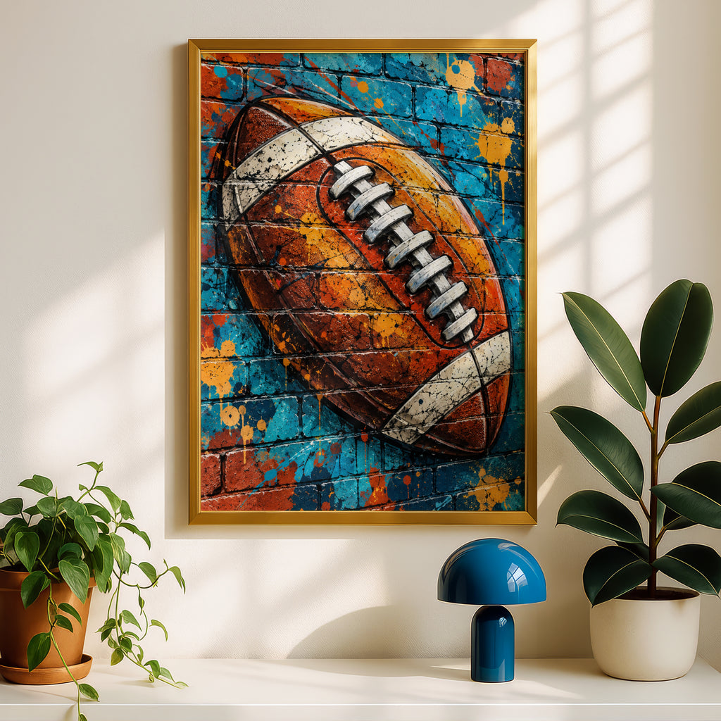 American Football Graffiti Art Poster, Blue Brick Wall Street Art Print, Sports Fan Gift, Man Cave