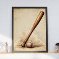 Vintage Baseball Bat and Ball Poster, Sepia Sports Wall Art, Retro Baseball Print for Man Cave