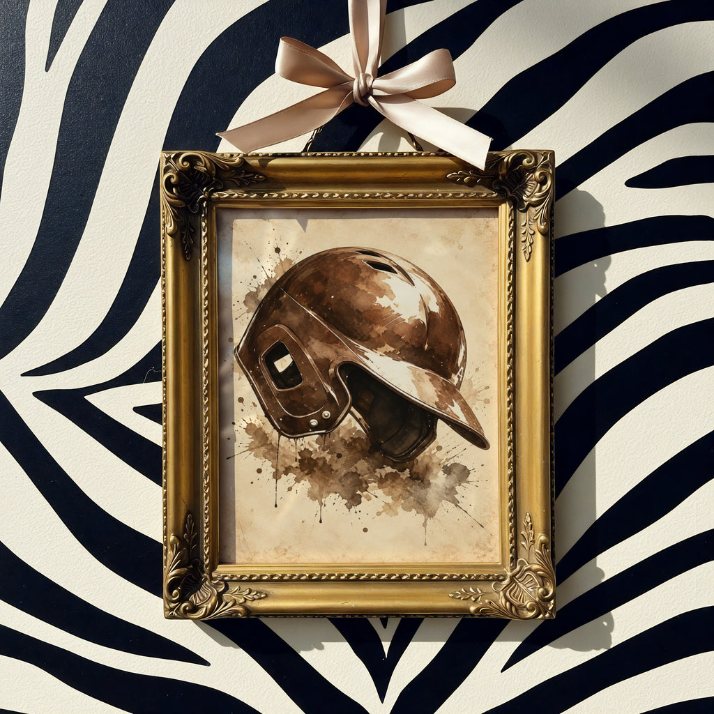 Vintage Baseball Helmet Poster, Sepia Watercolour Sports Wall Art, Rustic Baseball Fan Gift Print