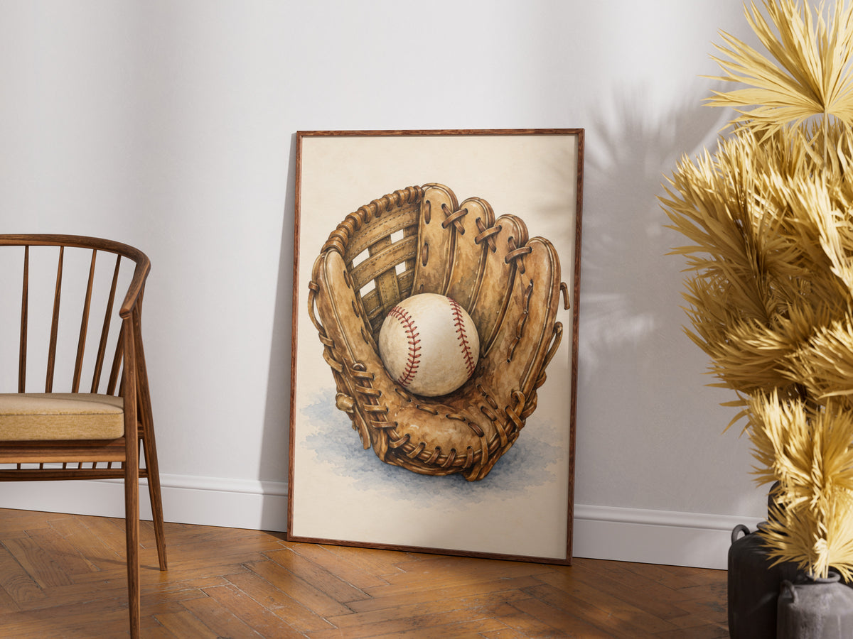 Vintage Baseball Glove Watercolour Poster, Baseball Wall Art, Sports Print, Boys Room