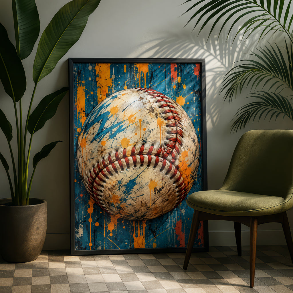 Baseball Wall Art, Grunge Sports Poster, Teal and Orange Paint Splatter, Boys Room Decor, Man Cave