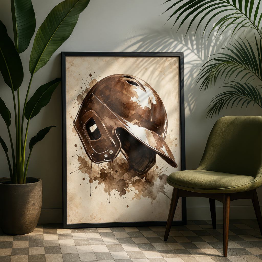 Vintage Baseball Helmet Poster, Sepia Watercolour Sports Wall Art, Rustic Baseball Fan Gift Print