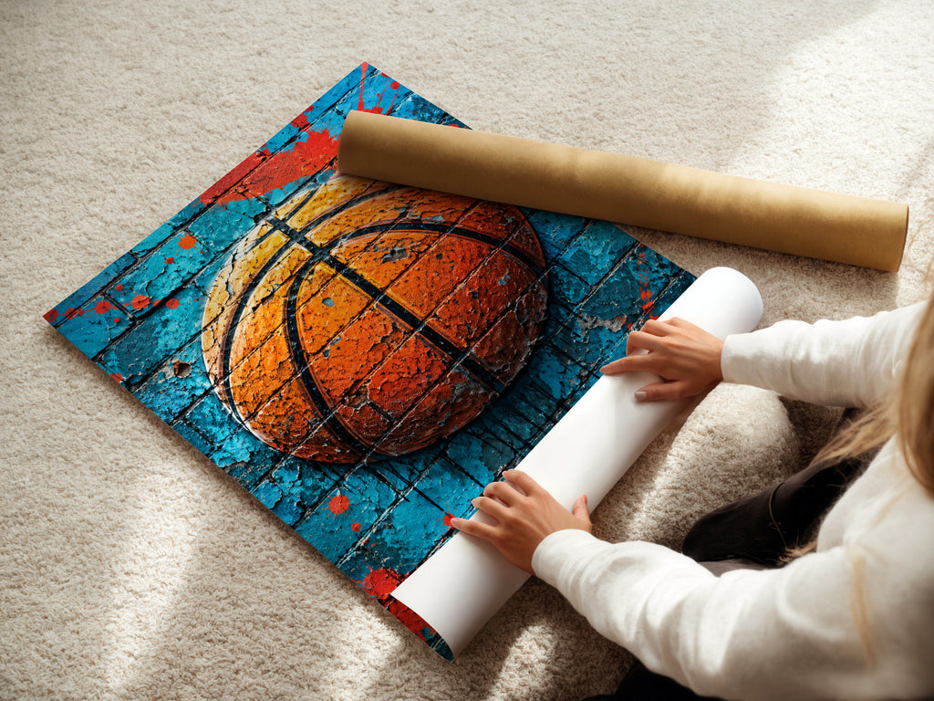 Basketball Graffiti Wall Art Poster, Turquoise Brick Mural Print, Street Art Sports Room Decor
