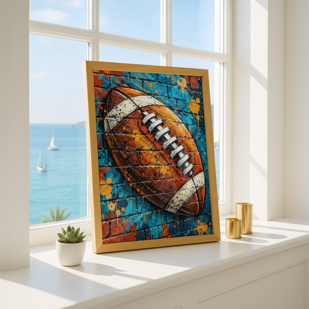 American Football Graffiti Art Poster, Blue Brick Wall Street Art Print, Sports Fan Gift, Man Cave